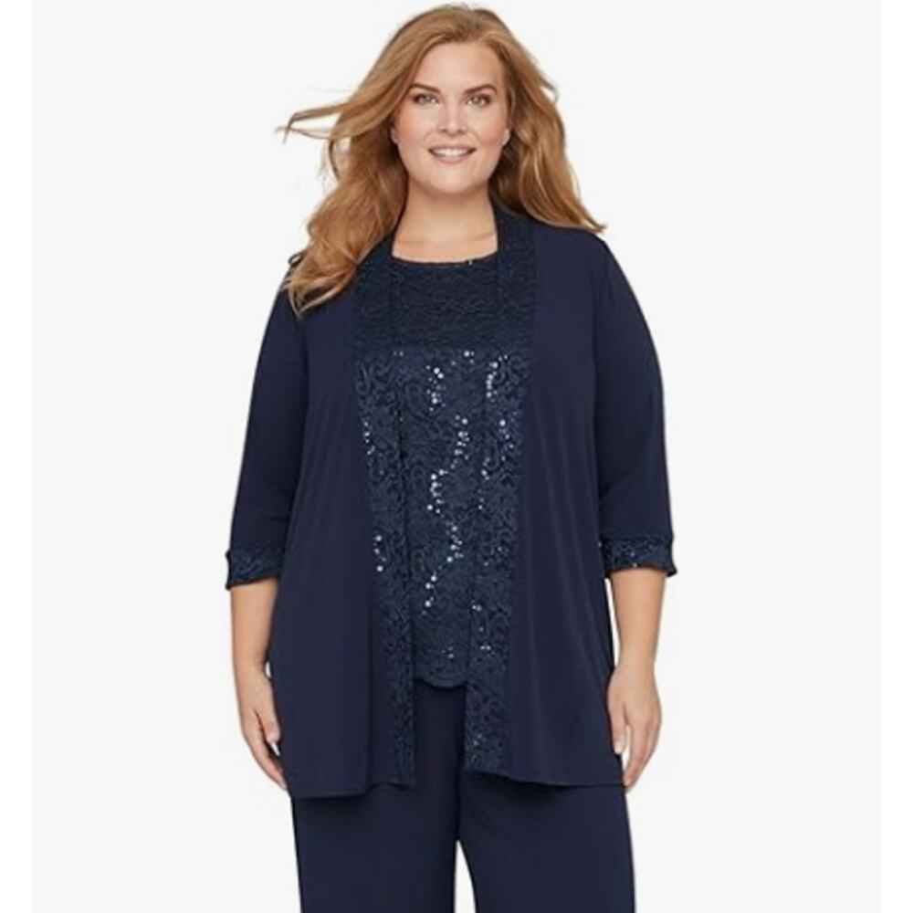 Catherines NWT Plus Size 34W Petite Tank Cardigan 2 Pc Set Navy Blue Sequin Lace